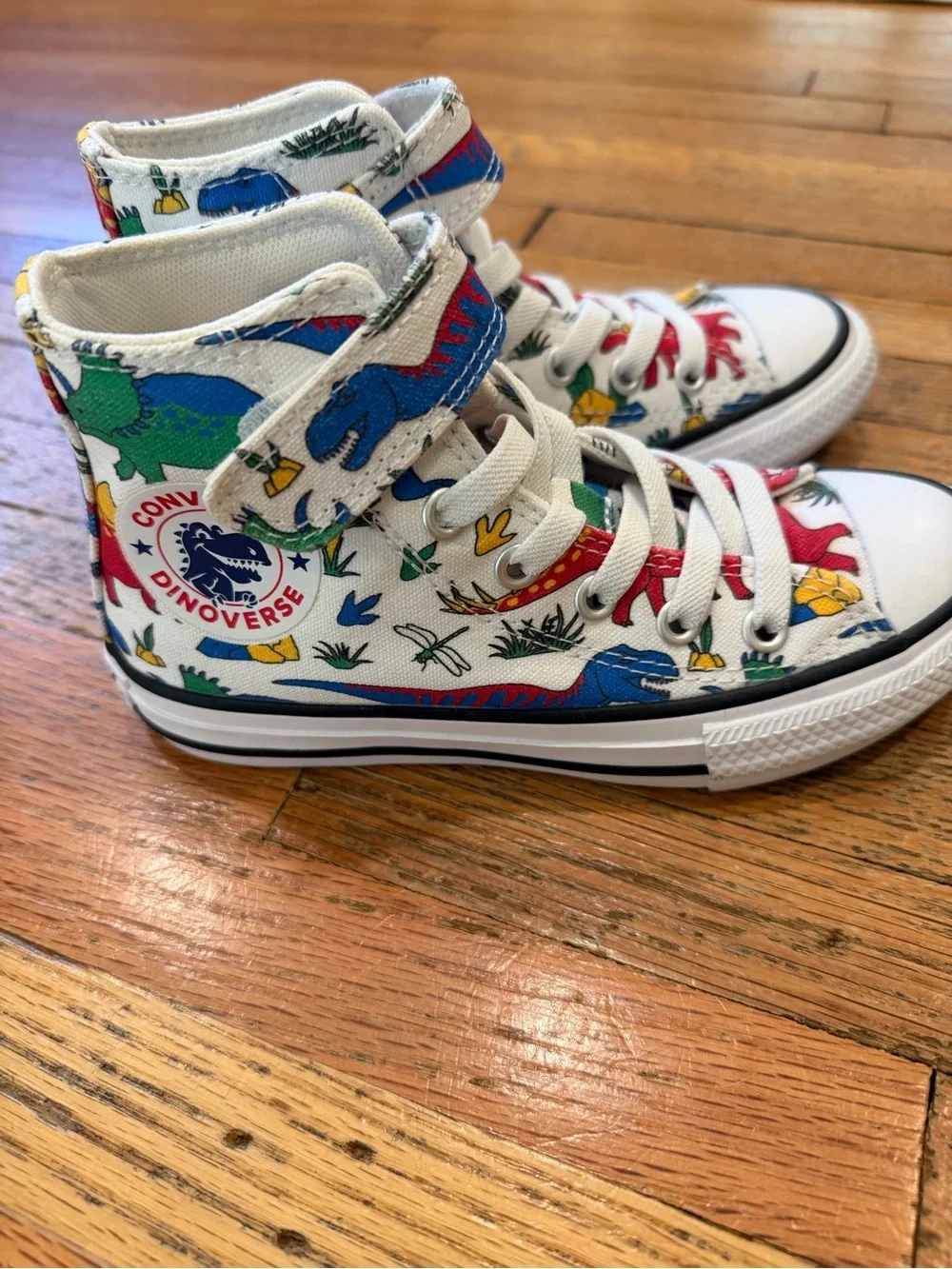 NWOT Converse Kids White High-Top Sneakers with Multicolor Dino Print